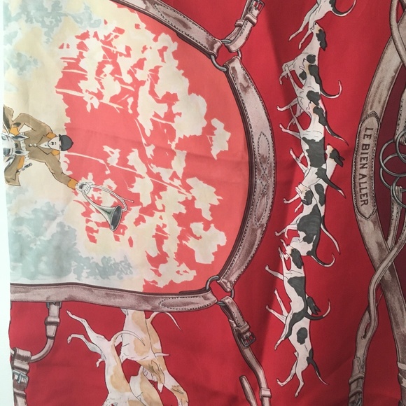HERMES Red Equestrian Hunt Hounds Themed LA BIEN ALLER Hand Rolled Silk Scarf - Picture 6 of 6